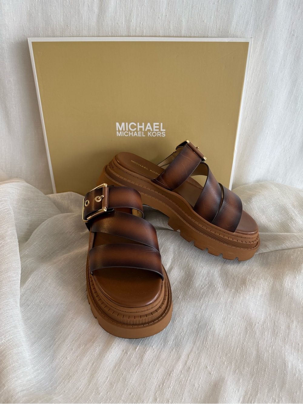 Michael Kors Colby Strap Leather Platform Slide Sandals